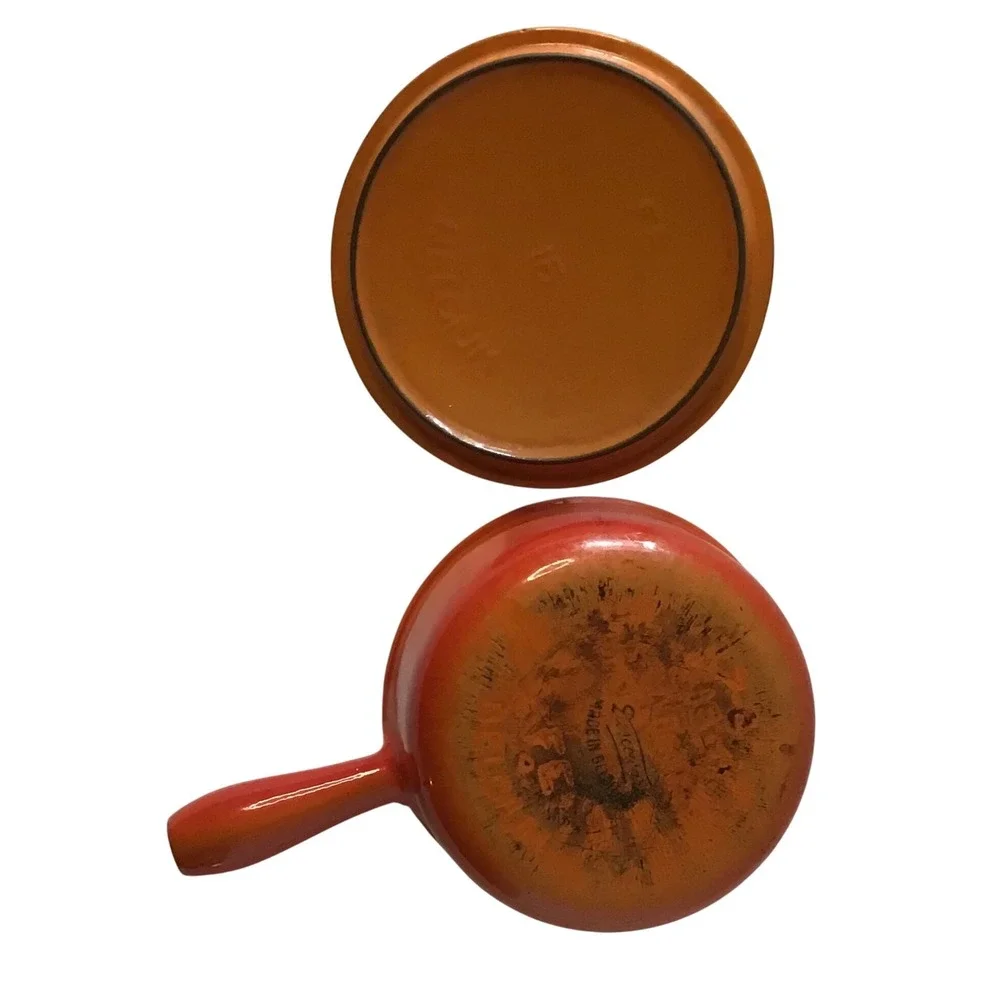 Vintage Descoware Belgium Enameled Cast Iron Saucepan w/ Lid Flame Orange 1 Qt‎